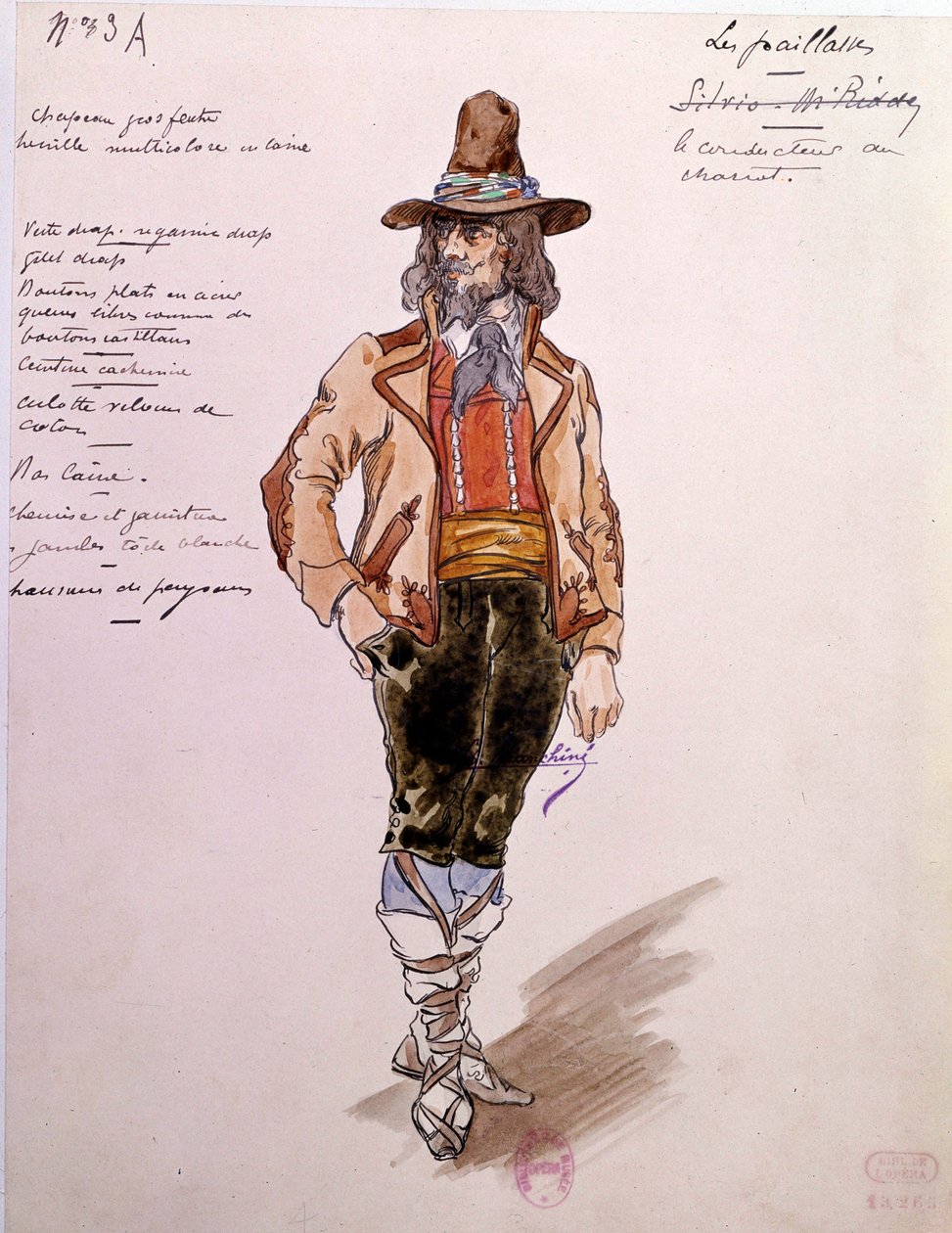 Kuskens kostyme for operaen "" Paillasse"" (pagliacci, klovner) av Ruggero Leoncavallo (1857-1919) fra 1892. Akvarell av Charles Bianchini (1860-1905) av Charles Bianchini