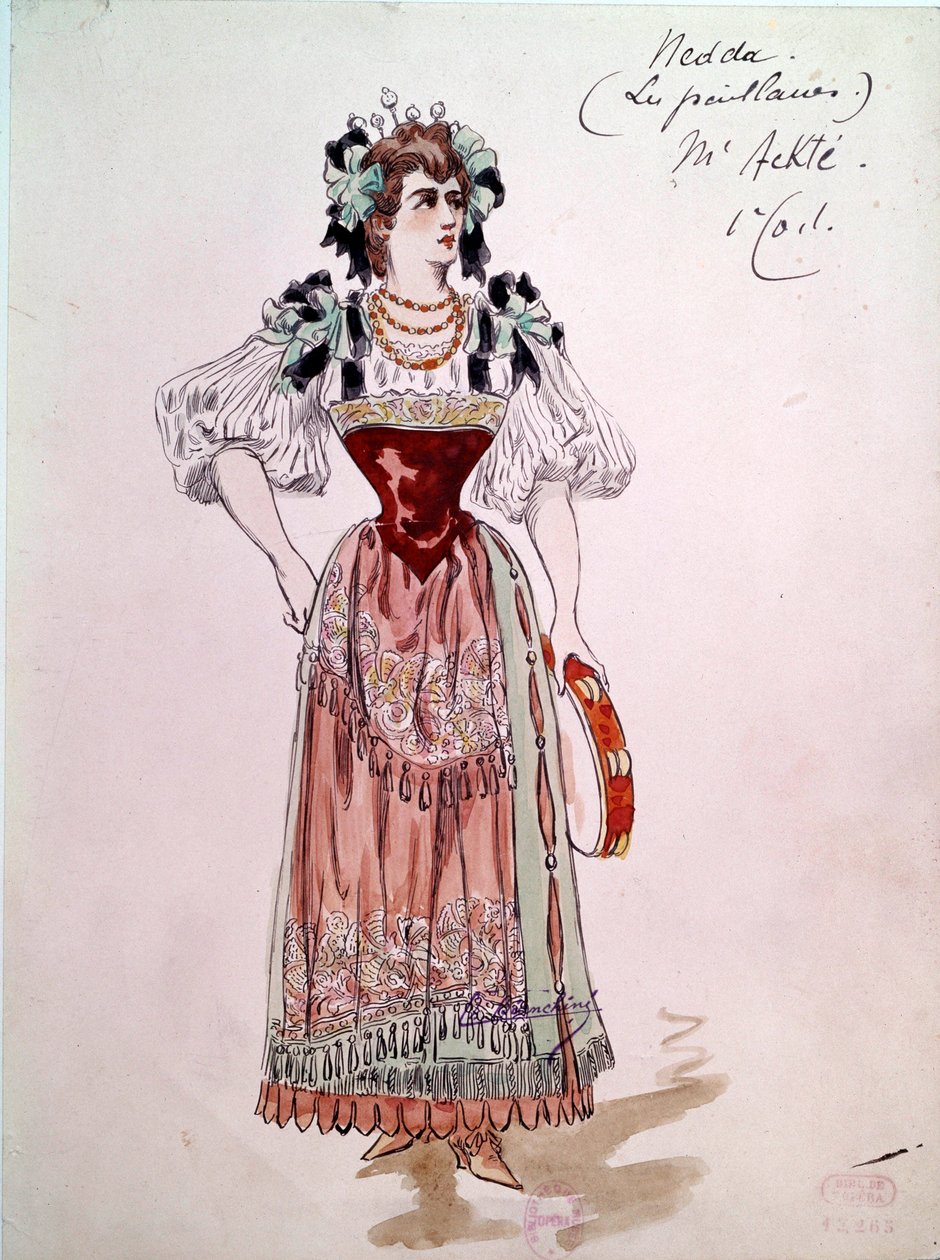Nedda eller Colombine-kostyme for operaen "" Paillasse "" (klovner, klovner) av Ruggero Leoncavallo (1857-1919) fra 1892. Akvarell av Charles Bianchini (1860-1905) av Charles Bianchini