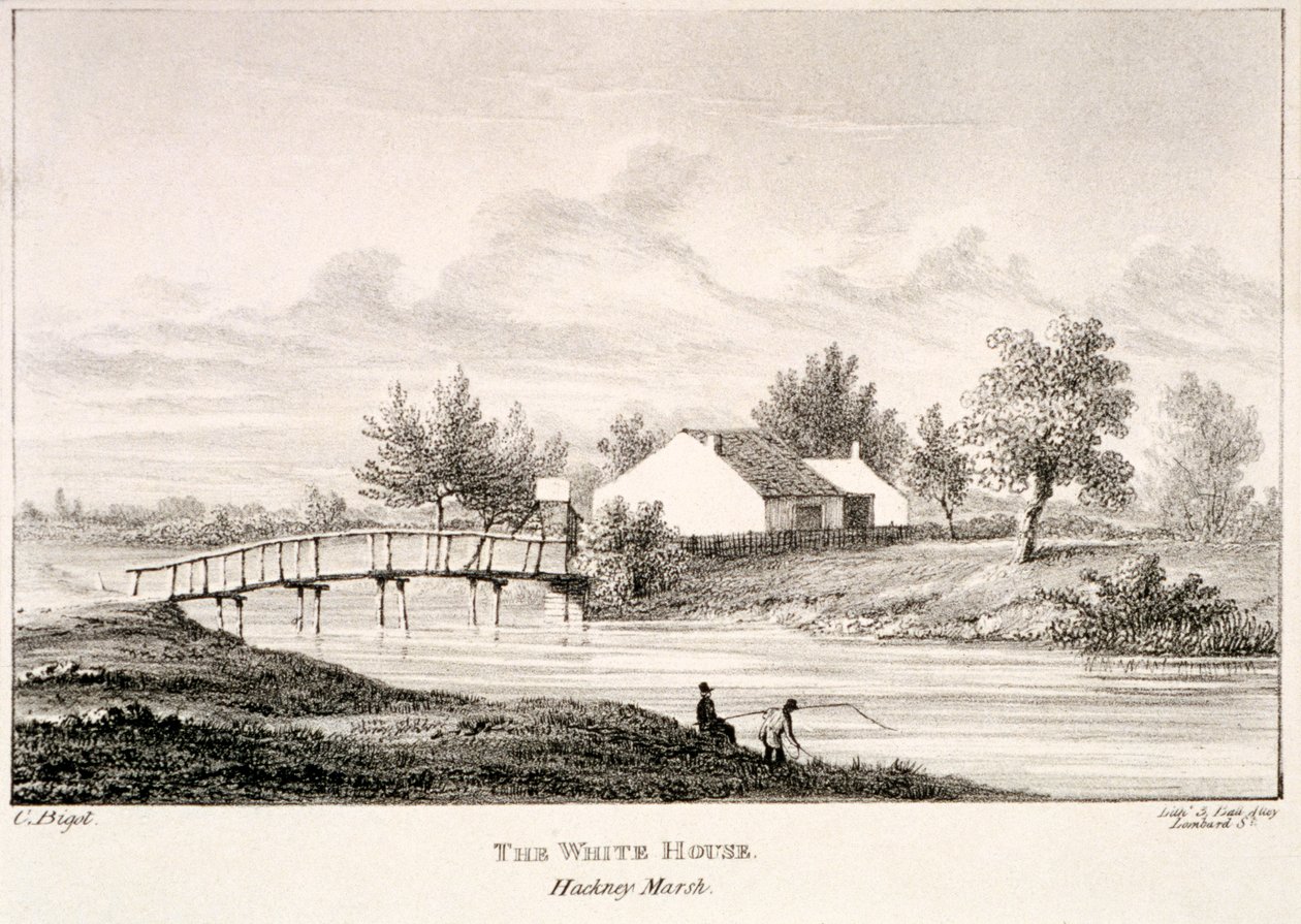 Det hvite hus ved bredden av elven Lea, Hackney Marsh, London, c1830 av Charles Bigot