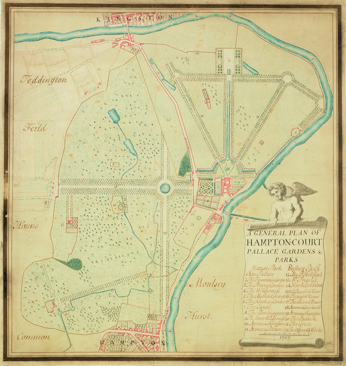 En generell plan for Hampton Court Palace Gardens and Parks, ca. 1713 (penn og blekk og wc på papir) av Charles Bridgeman