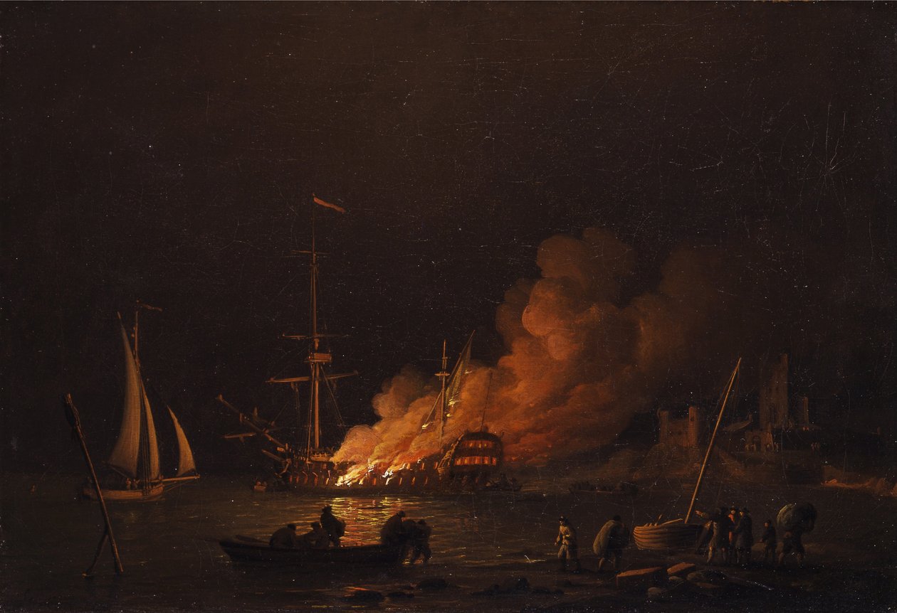 Skip i brann om natten, ca 1756 av Charles Brooking