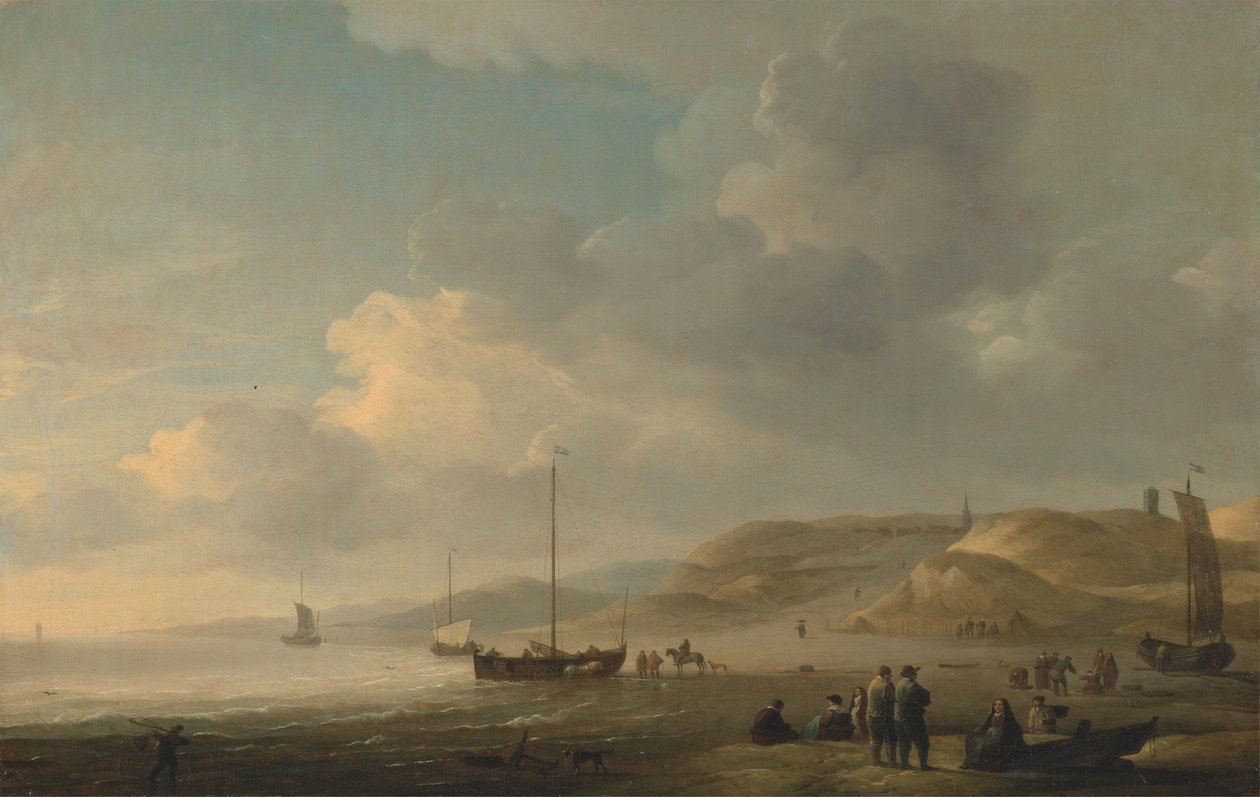 Kysten nær Scheveningen med Fishing Pinks on the Shore av Charles Brooking