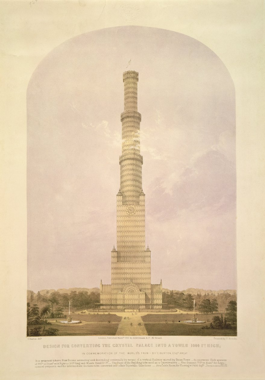 Design for å konvertere Crystal Palace til et 1000 fot høyt tårn, pub. av Ackermann und Co., 1852 av Charles Burton