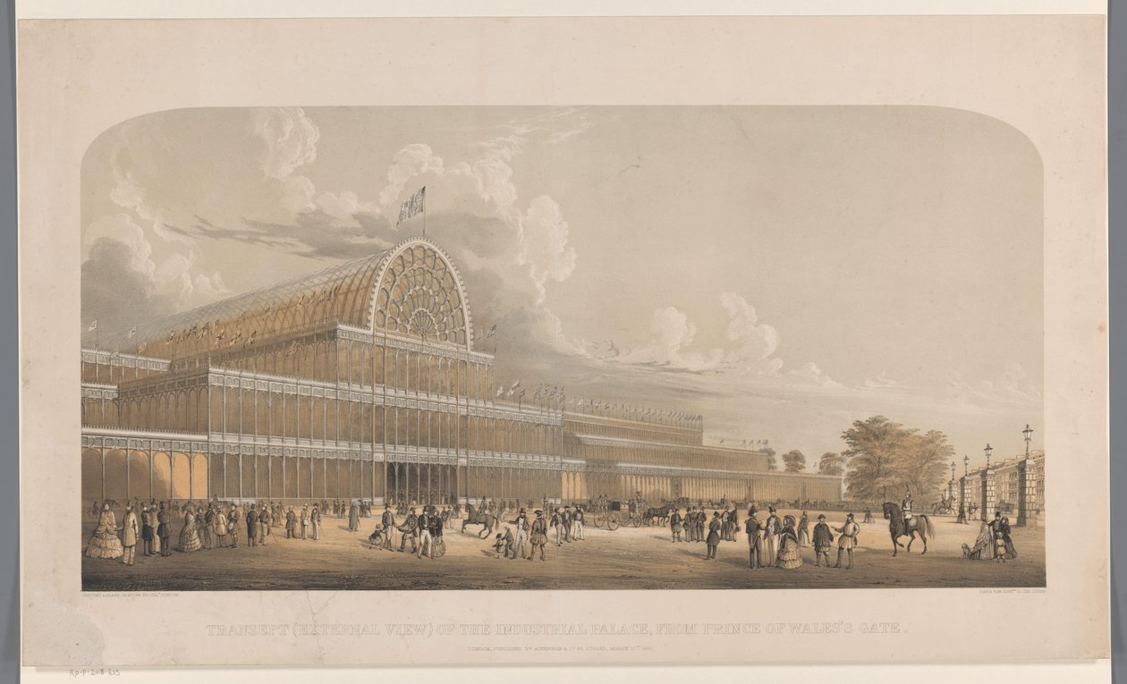 Utsikt over Crystal Palace Transept (eksternt syn) av industripalasset, fra Prince of Wales Gate (tittel på objekt) av Charles Burton