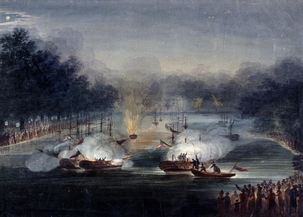 Utsikt over en falsk kamp på Serpentine, Hyde Park, London, 1814 av Charles Calvert