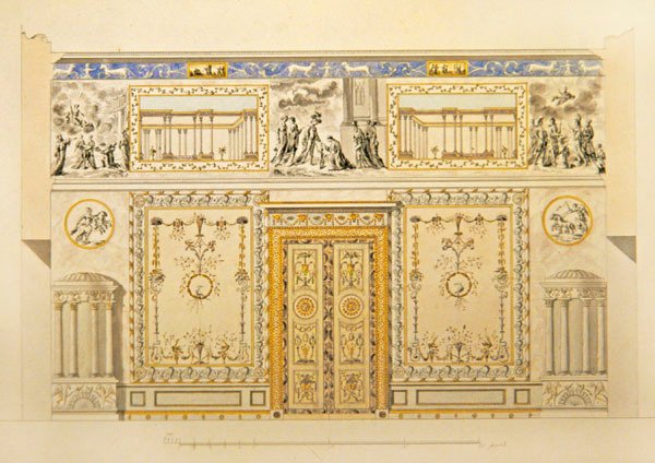 Forhøyning av en dørvegg, Lyons tegnestue, Catherine Palace i Tsarskoye Selo, tidlig på 1780-tallet (penn, pensel, indisk blekk og akvarell på papir) av Charles Cameron