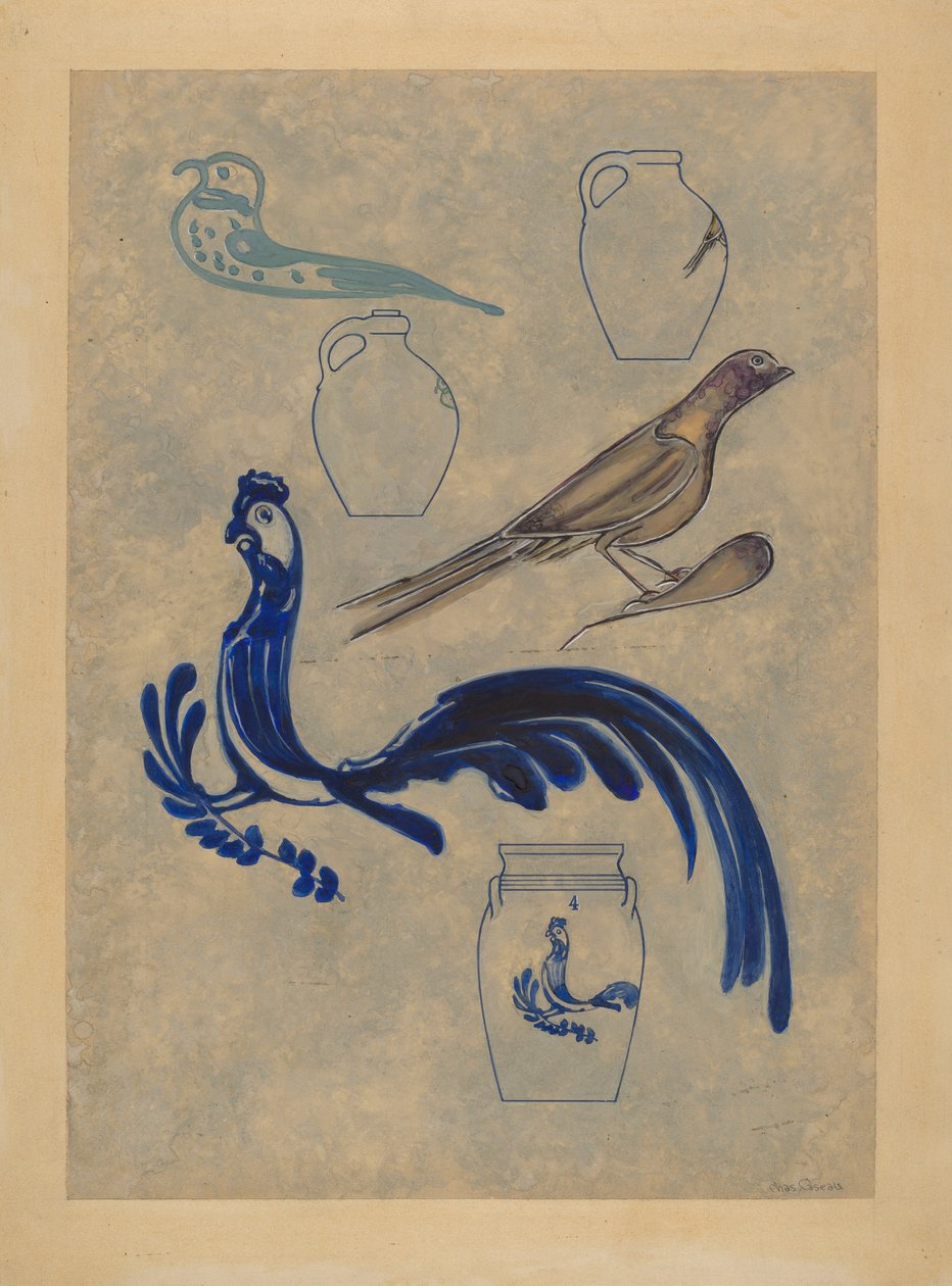 Fugledekorasjoner på steintøy, 19351942. av Charles Caseau