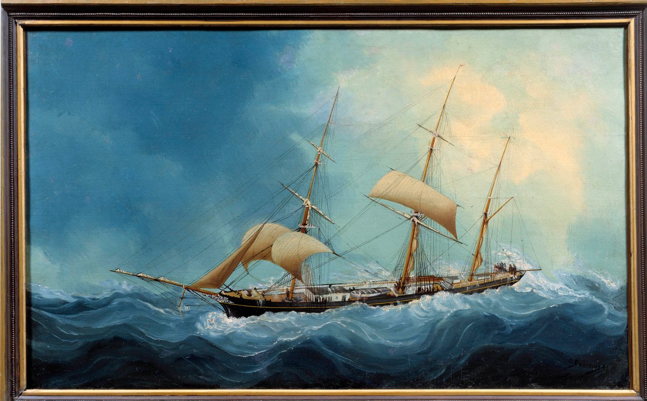 En tremattet seilbåt i flukt Maleri av Charles Cheri Dubreuil (Cheri-Dubreuil) (1828-1880) 1865 - Fecamp. Musee Des Terre Neuvas - Et tre-mastet skip på flukt. Maleri av Charles Dubreuil (1800-tallet) av Charles Cheri Dubreuil
