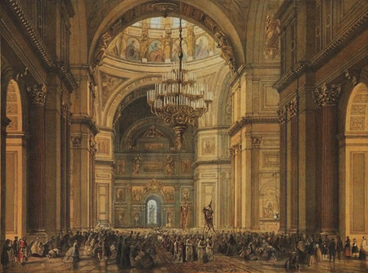 Gudstjeneste i Saint Isaacs-katedralen i Saint Petersburg, 1850-tallet av Charles Claude Bachelier