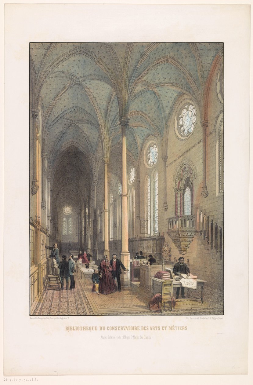 Interiør i biblioteket ved Konservatoriet for kunst og håndverk Biblioteket til konservatoriet for kunst og håndverk (tidligere refektorium til klosteret St Martin des Champs) (tittel på objekt) av Charles Claude Bachelier