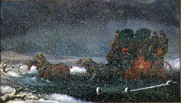 En diligens som kjører en bekk i en snøstorm (olje på lerret) av Charles Cooper Henderson