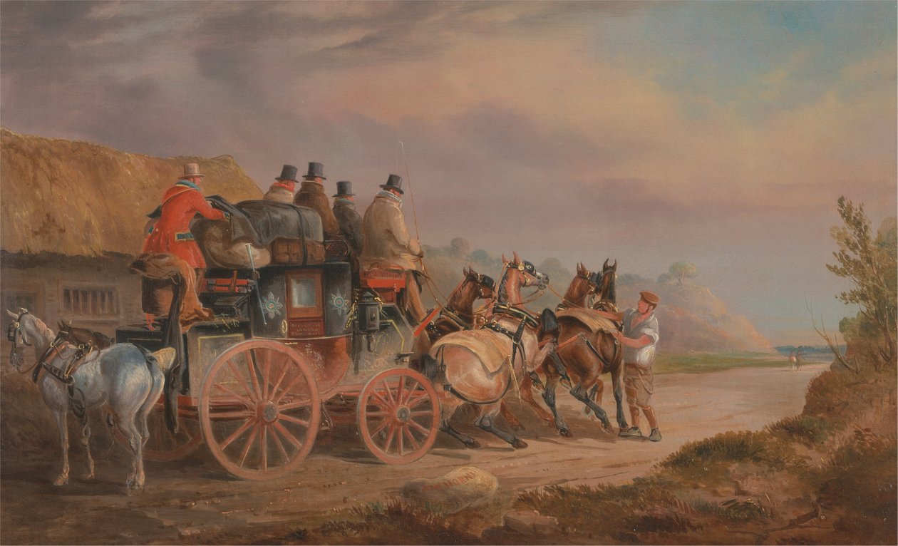 Mail Coaches on the Road: 'Quicksilver' Devonport-London Royal Mail er i ferd med å starte med et nytt lag (The Devonshire to London Coach) av Charles Cooper Henderson