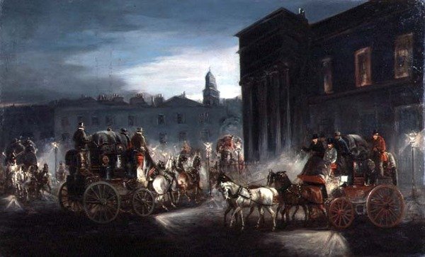 Edinburgh Mail Coach og andre busser i en Lamplit Street (olje) av Charles Cooper Henderson