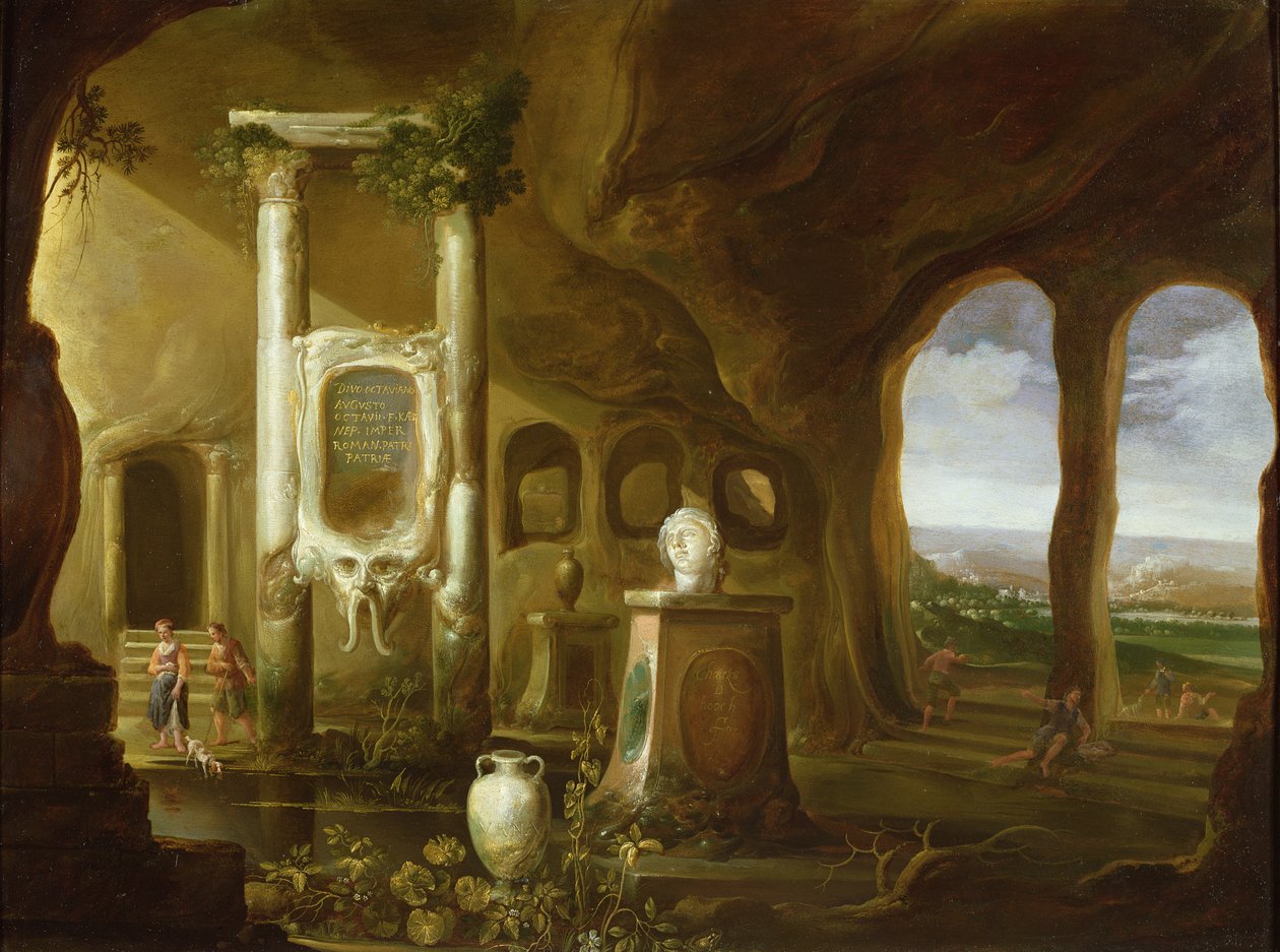 Et monument til Augustus, i en grotte med figurer, 1600-tallet av Charles Cornelisz de Hooch