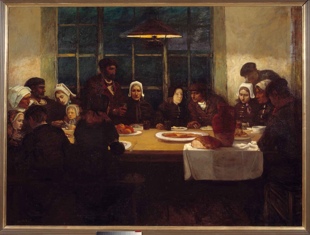 Avskjedsmåltidet i havets land Breton-familien samlet rundt et bord. Sentralpanel av en triptyqye av Charles Cottet (1863-1924). 1898 Søn. 1,76x2,37 m Paris, musee d