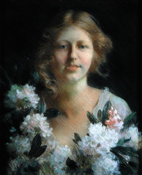 Portrett av en dame med blomster av Charles Courtney Curran