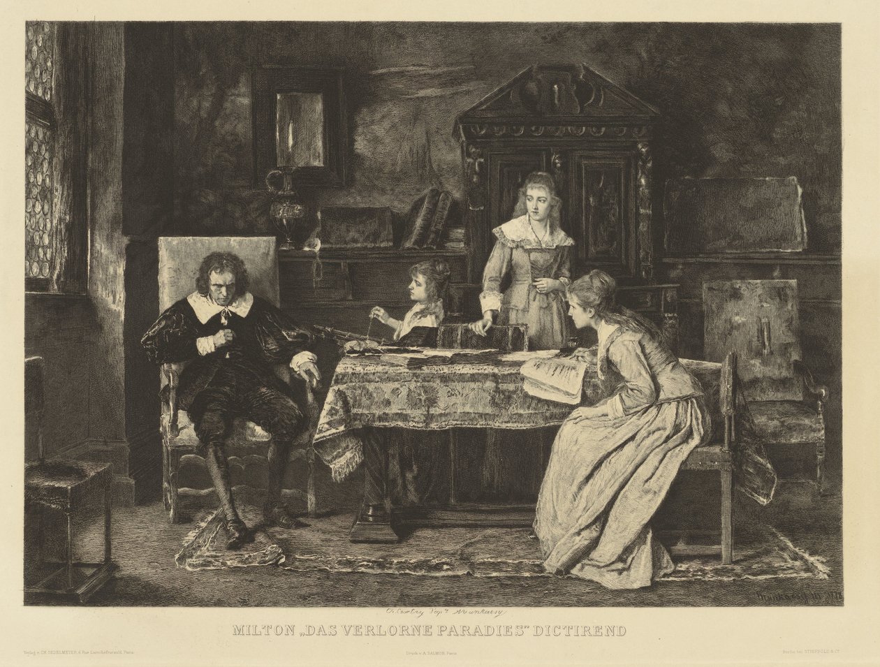 Milton, som sitter i en lenestol, dikterer paradiset sitt tapt for en av døtrene hans. I den r.r.h. Munkacsy i 1878. I margen: Ch. Courty d
