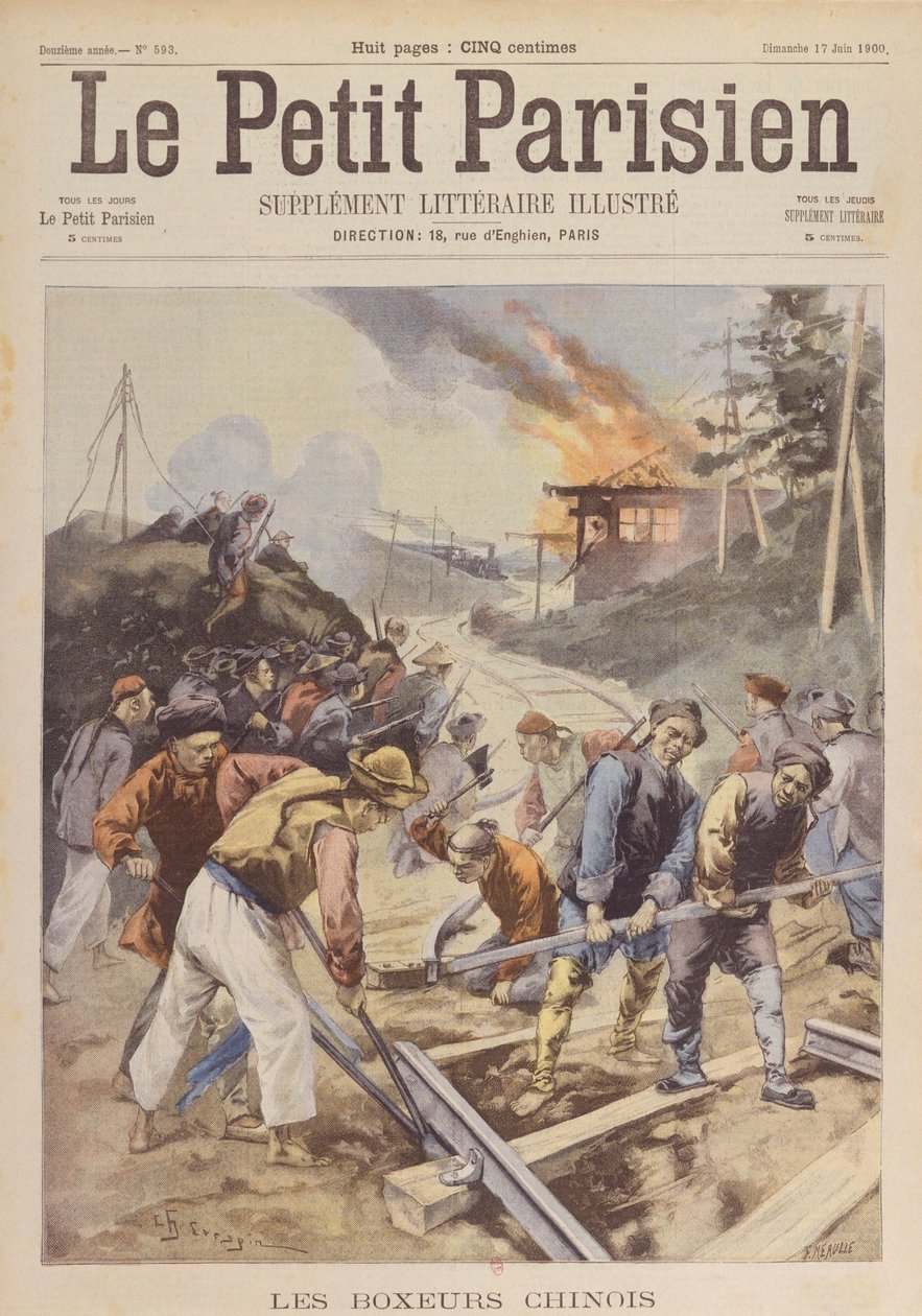 The Boxer Rebellion (1900-01), boksere saboterer jernbanen, juni 1900 (trykk) av Charles Crespin