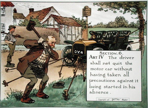 § 6. Art. IV Føreren skal ikke forlate bilen uten å ha tatt alle forholdsregler mot at den kan startes i hans fravær, fra en trafikkregler, utgitt ca. 1905 (farge litho) av Charles Crombie