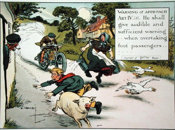 Advarsel om tilnærming. Kunst. IV.(5) Han skal gi hørbar og tilstrekkelig advarsel...ved forbikjøring av fotpassasjerer, fra en bok med trafikkregler, utgitt ca. 1905 (farge litho) av Charles Crombie
