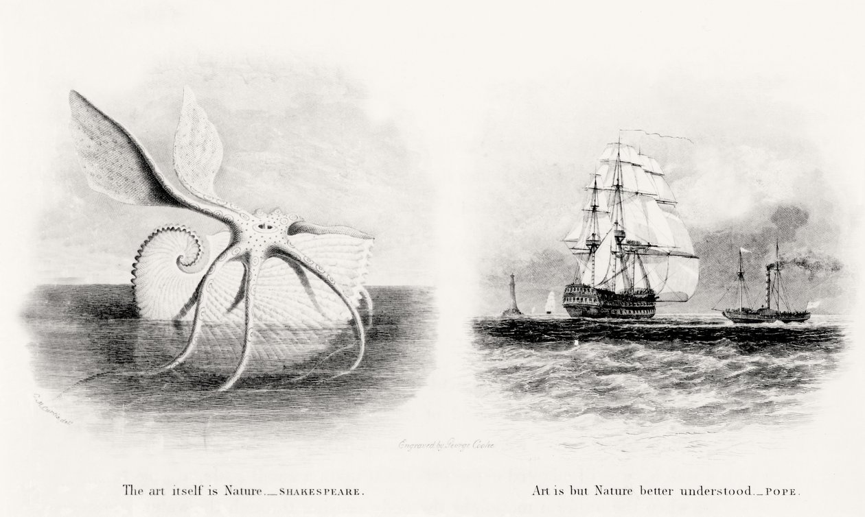 En gigantisk blekksprut og to skip til sjøs, gravert av George Cooke (1781-1834) av Charles Curtis