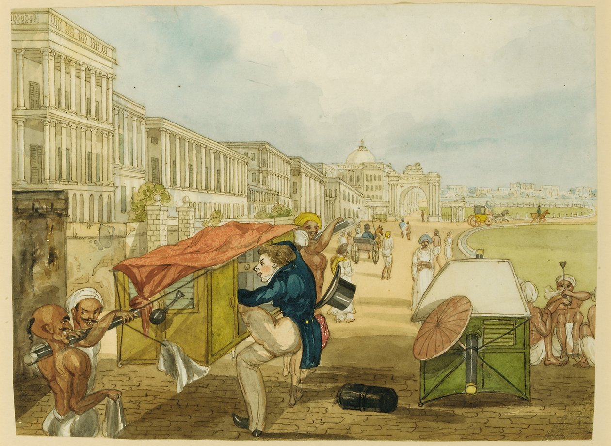 En uerfaren Palanquin-rytter, Tom Shaw Ansetter en Palanquin på Esplanade, Calcutta av Charles DOyly