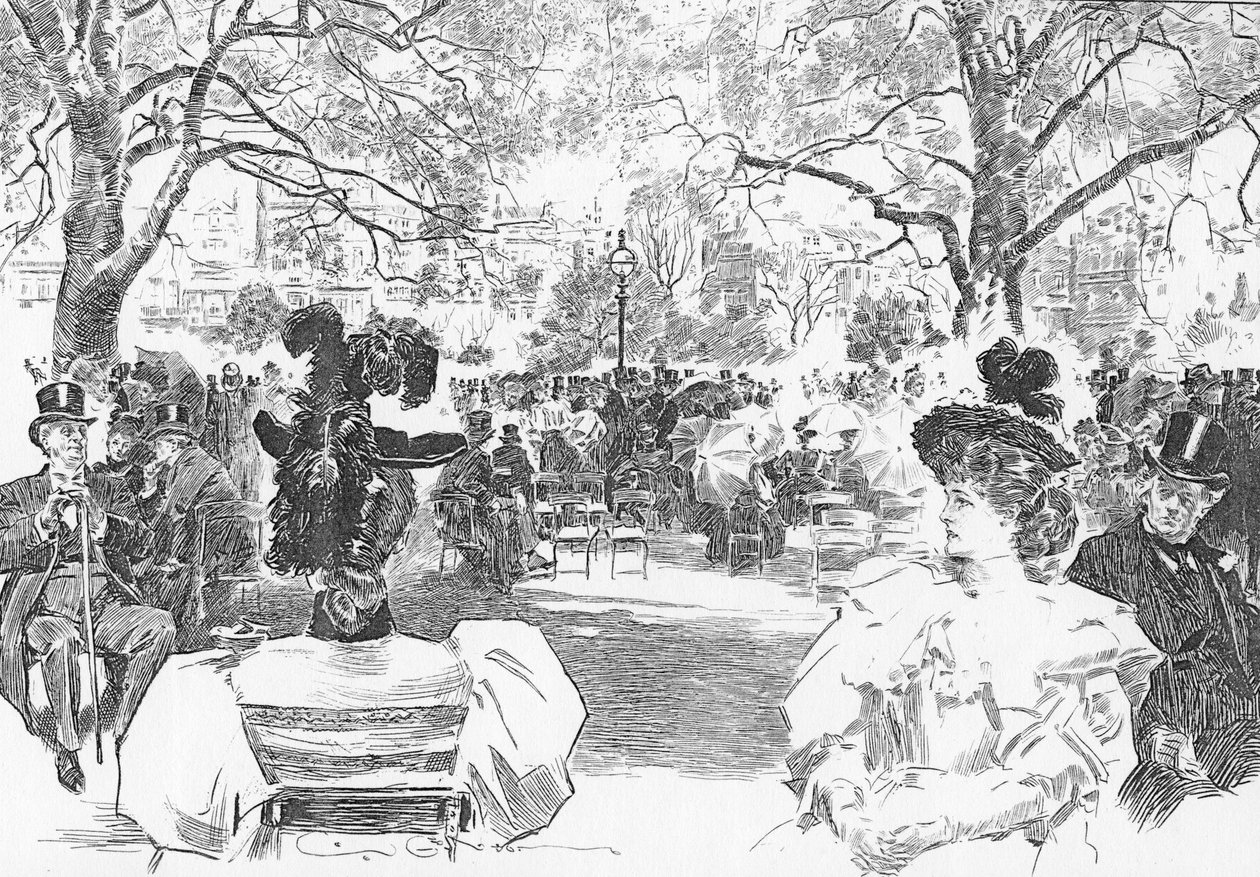 Søndag ettermiddag nær Stanhope Gate, ca. 1897 (litho) av Charles Dana Gibson