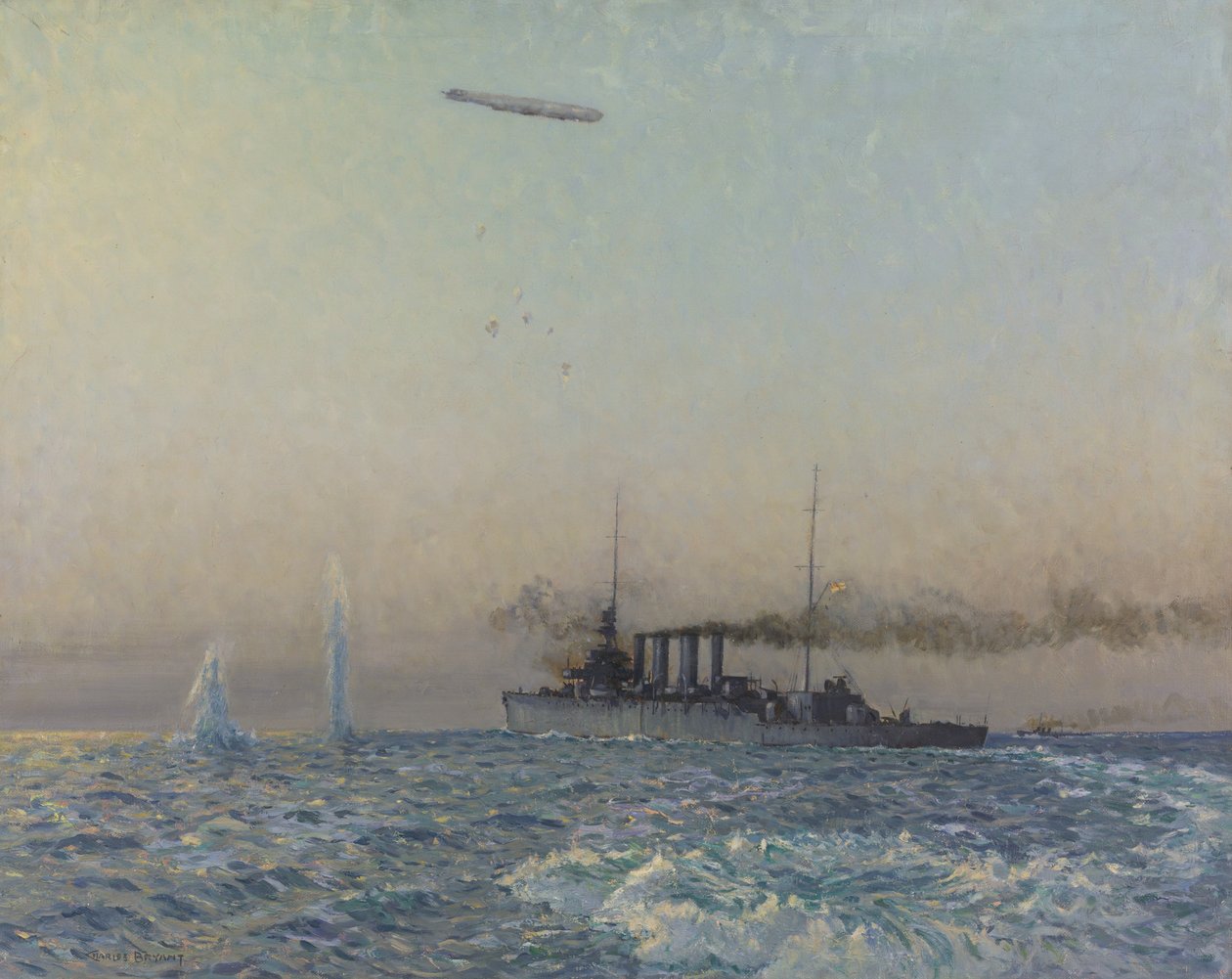 HMAS Sydneys kamp med en Zeppelin i Nordsjøen, 1918 av Charles David Jones Bryant