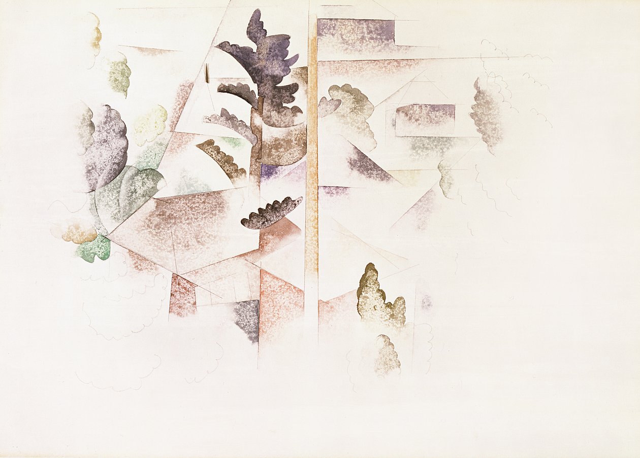 Bermuda, trær og arkitektur, ca. 1917 (wc på papir) av Charles Demuth