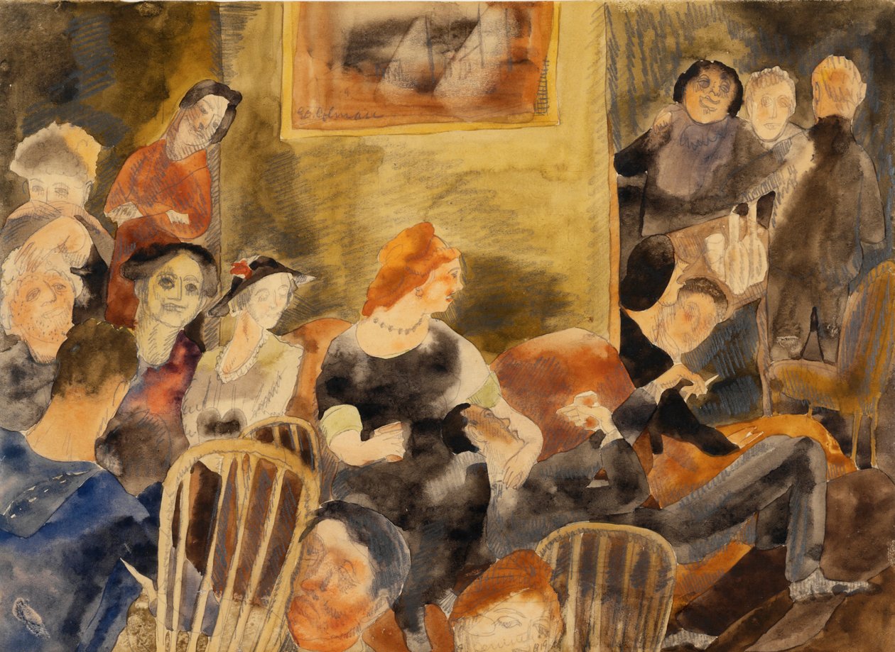 Interiør med en gruppe mennesker rundt en rødhåret kvinne av Charles Demuth