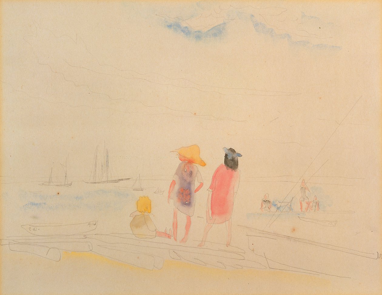 To kvinner og barn på stranden (wc og blyant på papir) av Charles Demuth