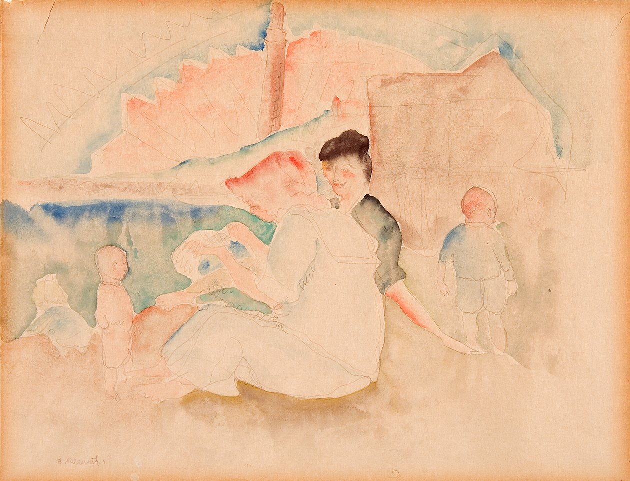 Uten tittel (To kvinner og tre barn på stranden) av Charles Demuth