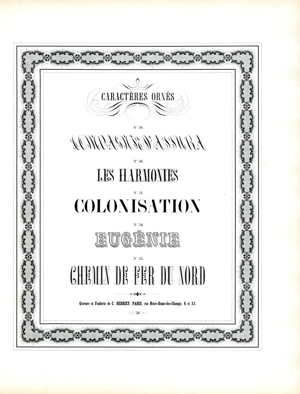 Dekorative skrifttyper med kjedelignende ornamental ramme (trykk) av Charles Derriey