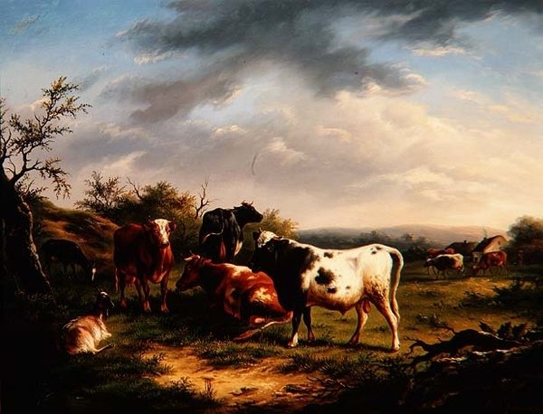 Storfe og sauer i et landskap (en av et par) av Charles Desan