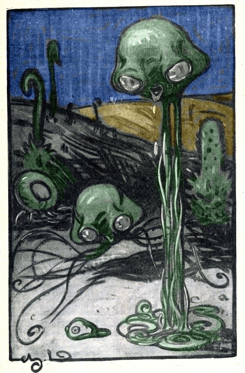 Illustrasjon av M. Dudouyt for romanen av H. G. Wells (1866-1946) "The War of the Worlds""; representasjon av innbyggerne på planeten Mars. av Charles Dudouyt