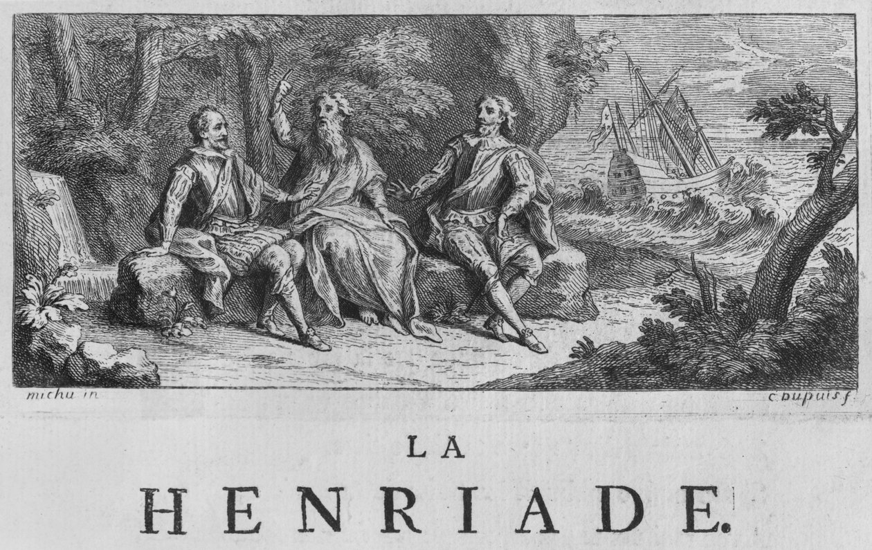 Frontispice-illustrasjon av 'La Henriade' av Voltaire (1694-1778) 1728 av Charles Dupuis