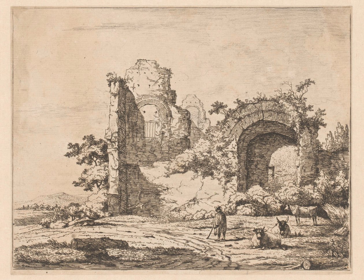 Landskap med ruin og gjeter Trykk med ruiner i landskap (serietittel) Cahier de ruines et de paysages (serietittel) av Charles Echard (attributed to)