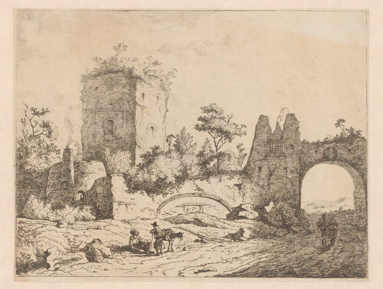 Landskap med ruiner av et tårn og en port Trykk med ruiner i landskap (serietittel) Cahier de ruines et de paysages (serietittel) av Charles Echard (attributed to)