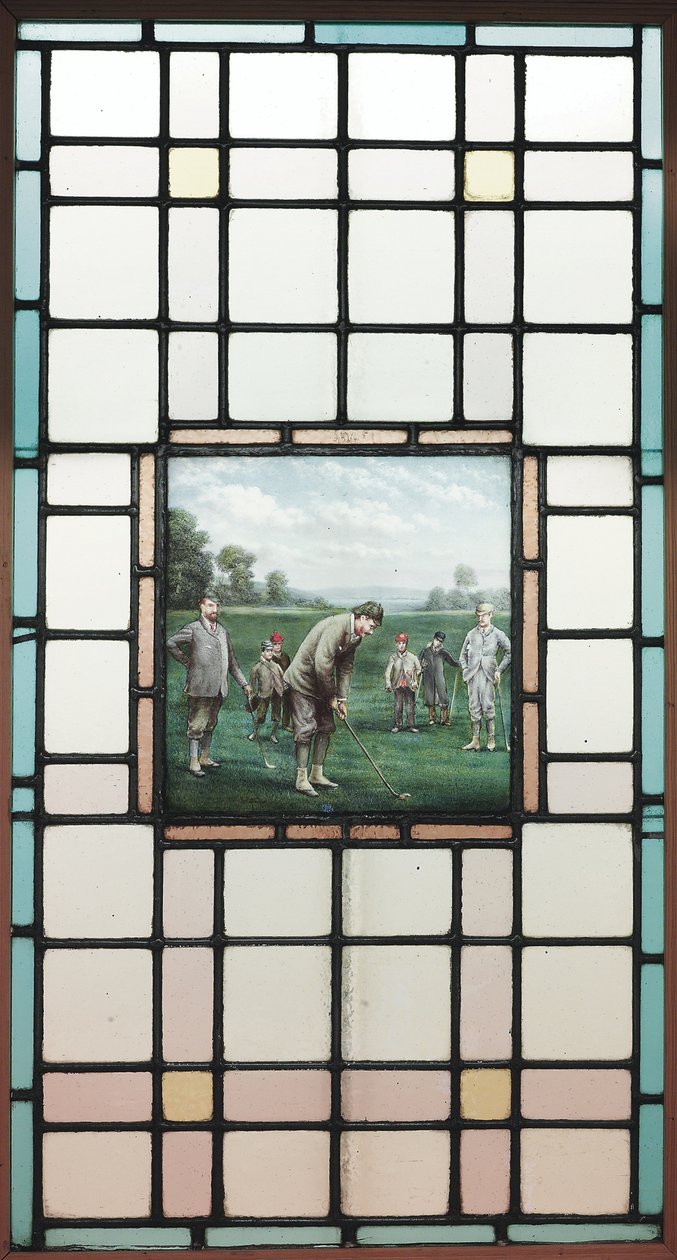 Et sent viktoriansk blyglassvindu med golfspillerne, ca. 1890 av Charles Edmund Brock