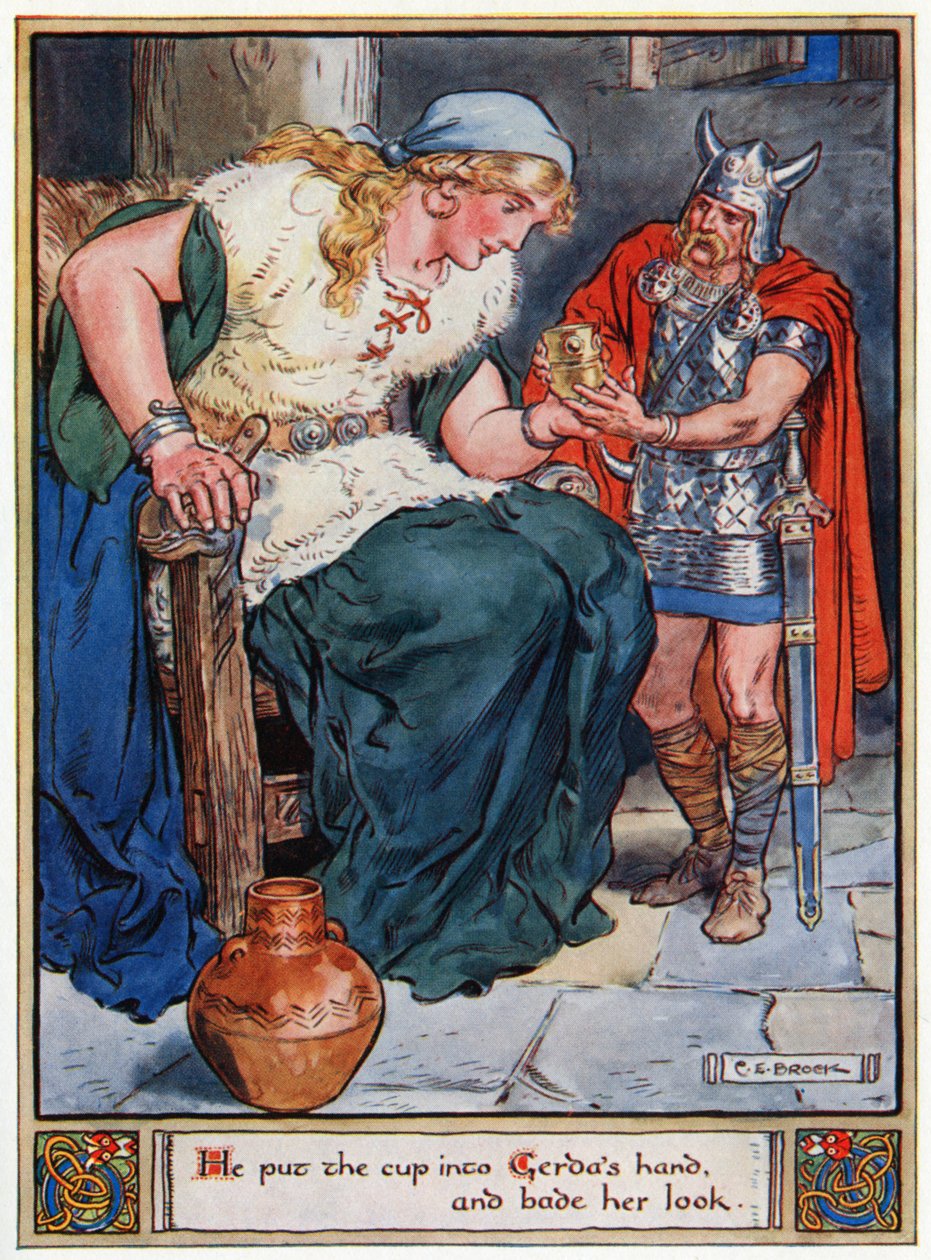 'Han la koppen i hånden til Gerda og ba henne se ut', illustrasjon fra 'The Heroes of Asgard, tales from Scandinavian Mythology', av A und E Keary, 1930 av Charles Edmund Brock