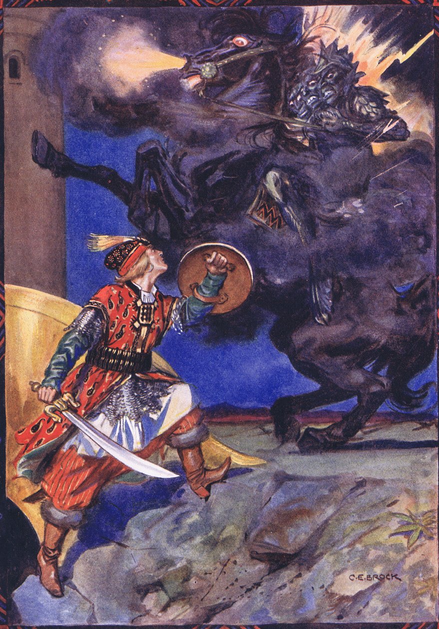 Jeg har kommet for å kjempe mot deg, røver av min elskede, scene fra Sucna Murga i Children's Stories from Rumenian Legends av Moses Gaster (1856-1939) 1921 av Charles Edmund Brock
