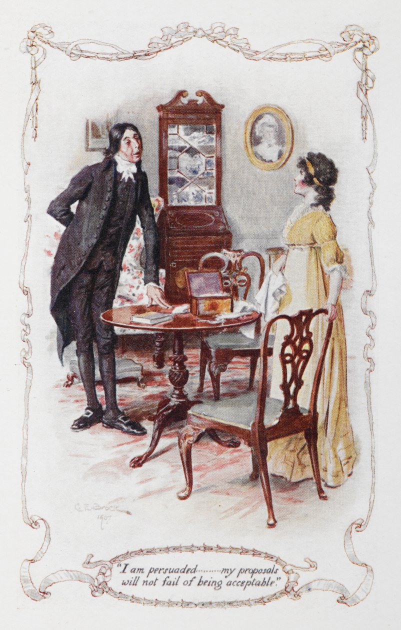 "Jeg ble overtalt ,,, forslagene mine vil ikke mislykkes i å være akseptable", herr Collins og Elizabeth Bennet, illustrasjon til 