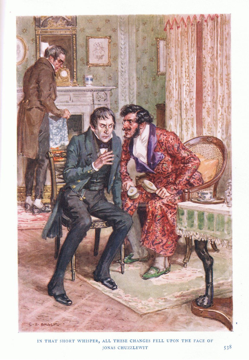 I den korte hvisken falt alle disse endringene i ansiktet til Jonas Chuzzlewit av Charles Edmund Brock