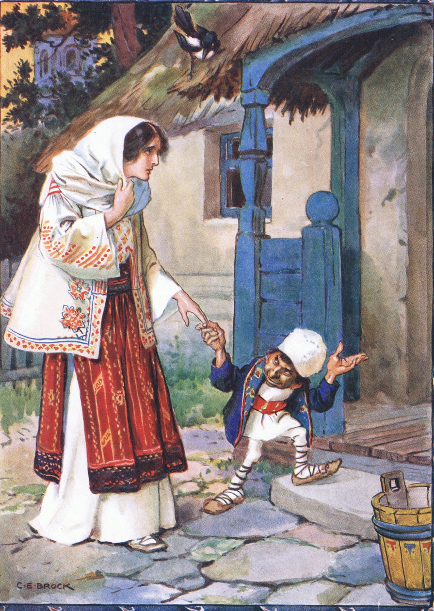 Lillebror Bit tok med sin vakre brud til huset han hadde bygget for henne, scene fra Lillebror Bit i Childrens Stories from Rumenian Legends av Moses Gaster (1856-1939) 1921 (farge lith av Charles Edmund Brock