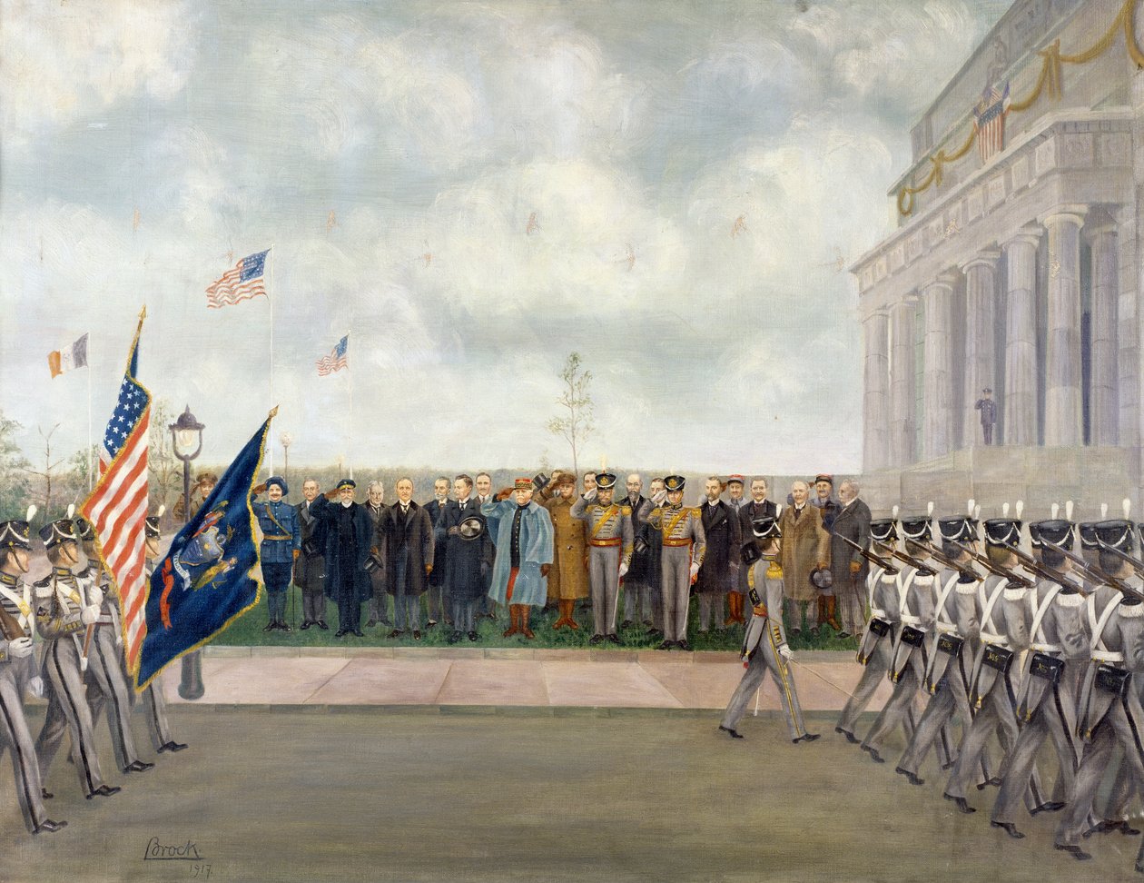 Marshal Joffre på oppdrag til Washington for å inspisere studenter i West Point, våren 1917, av Charles Edmund Brock (1870-1938), første verdenskrig, USA, 1900-tallet av Charles Edmund Brock