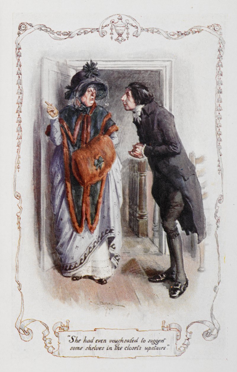 Hun hadde til og med gått god for å foreslå noen hyller i skapene ovenpå, illustrasjon fra "Stolthet og fordom" av Jane Austen (litho-farge) av Charles Edmund Brock