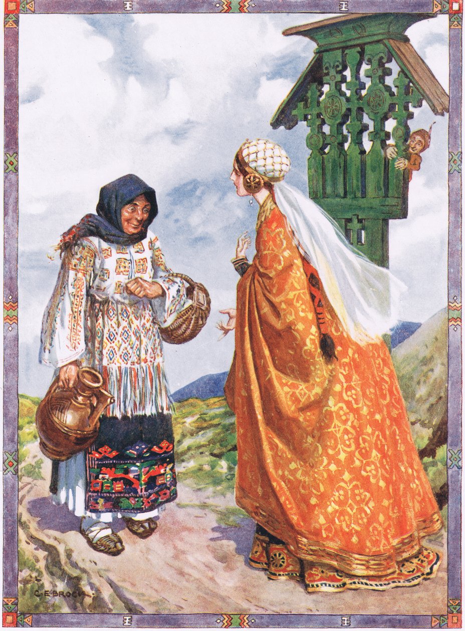 Prinsessen ... ba henne bytte bøndenes klær mot hennes kongelige plagg, scene fra Good Luck and Bad Luck i Children's Stories from Rumenian Legends av Moses Gaster (1856-1939) 1921 (farge) av Charles Edmund Brock