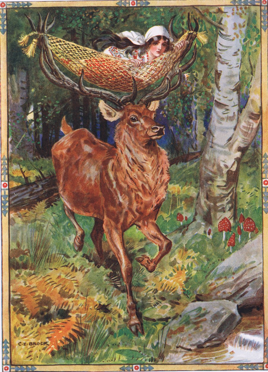Hjorten med silkehengekøyen fra Barnehistorier fra rumenske legender av Moses Gaster (1856-1939) 1921 av Charles Edmund Brock