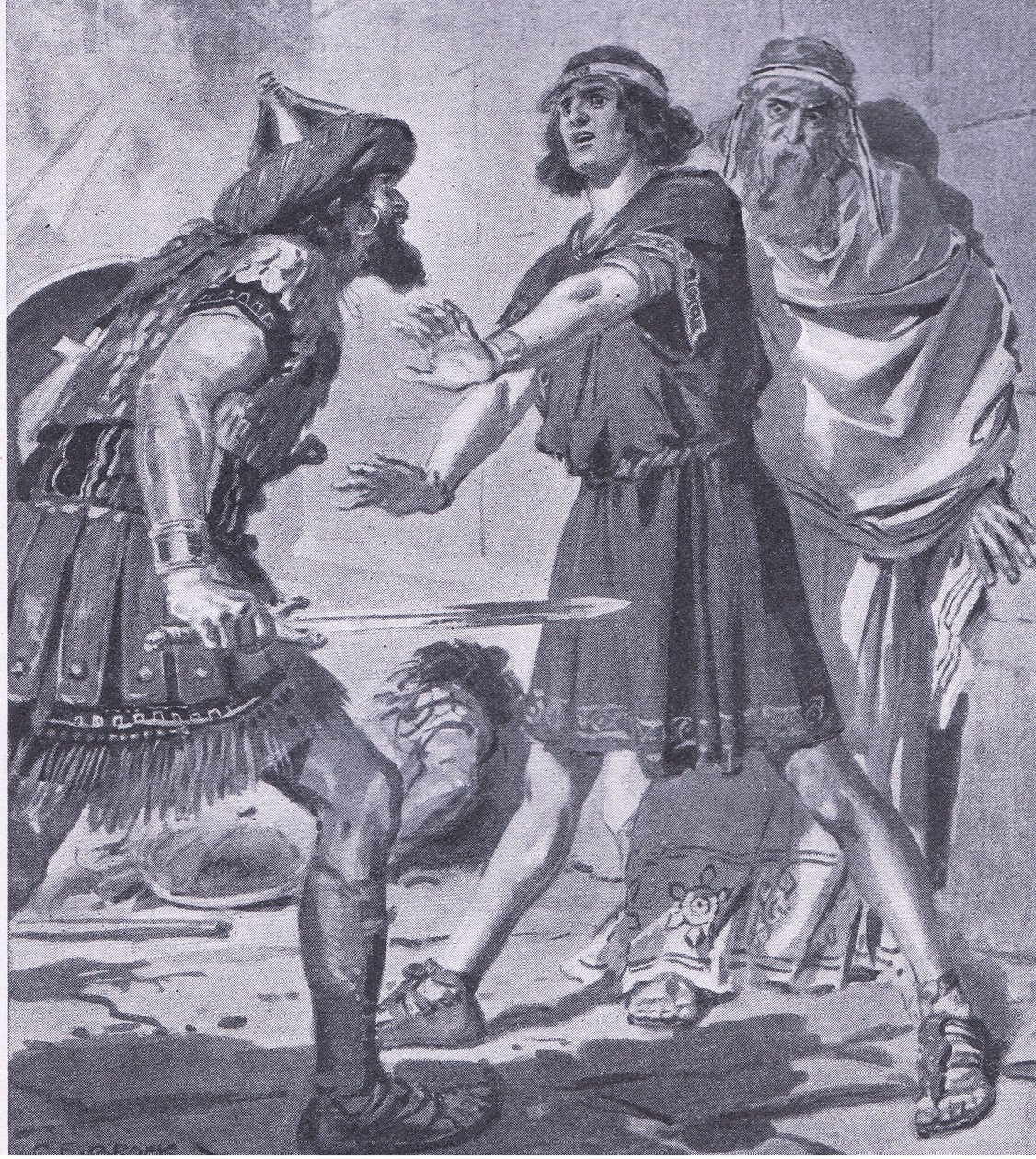 Livet til Coesus reddet av hans død og dumme sønn, fra My Magazine, pub.1922 (litho) av Charles Edmund Brock