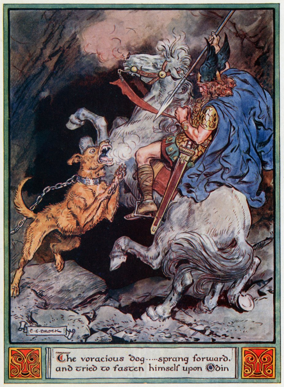 'Den glupske hunden ... sprang frem og prøvde å feste seg til Odin', illustrasjon fra 'The Heroes of Asgard, tales from Scandinavian Mythology', av A und E Keary, 1930 av Charles Edmund Brock